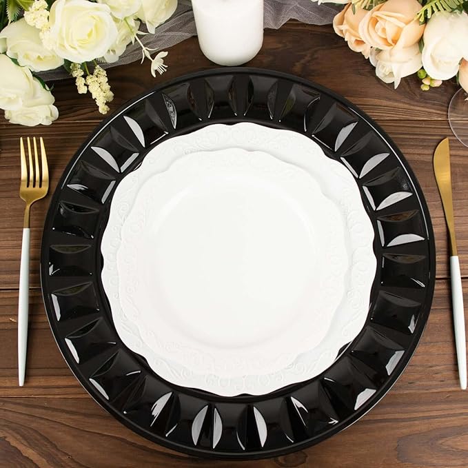 Efavormart 6 Pack | 13" Black Round Bejeweled Rim Plastic Dinner Serving Trays, Disposable Charger Plates