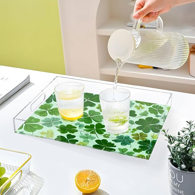 Serving Tray with Handles Clear Acrylic Tray 12x16 Inch Decorative Rectangular Tray Organizer for Ottoman Coffee Table Bathroom Green Nature St Patrick Clovers