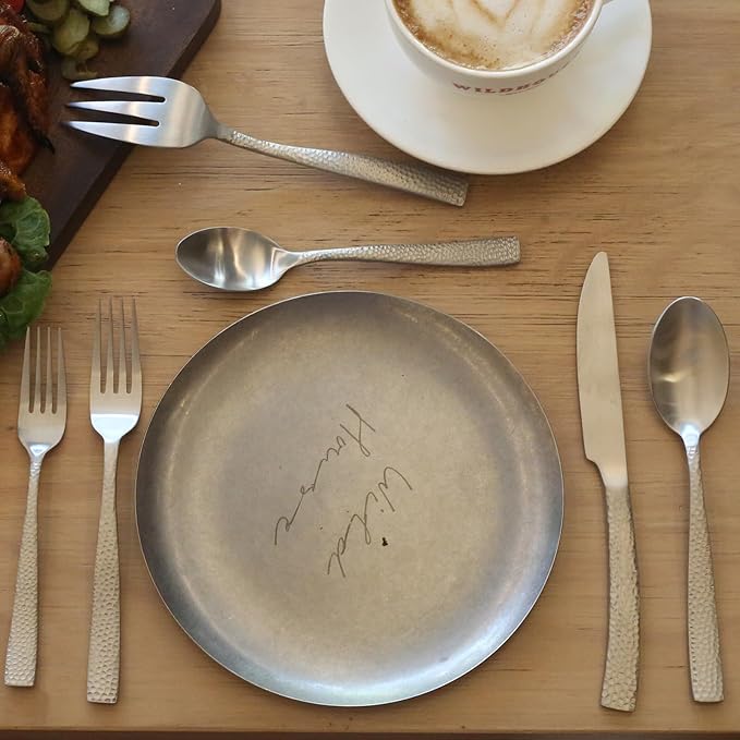 Stainless Steel Silverware Serving Set Hammered Silver Matte Finished 5 Piece Serving Utensil Set Flatware Set