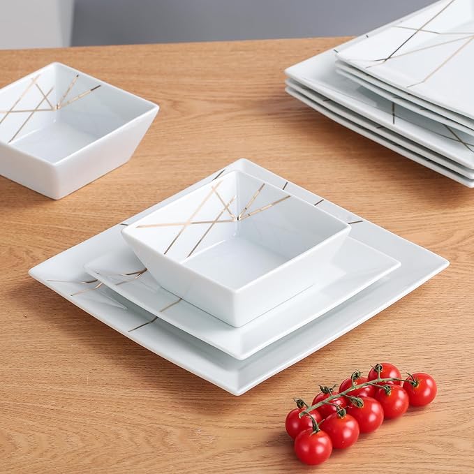 DOMINI 12-Piece Kitchen Dinnerware Set, Service for 4, Porcelain Dishes Dinner Set, Square Dinnerware Sets with Dinner Plates, Dessert Plates and Pasta Bowls,White gold line