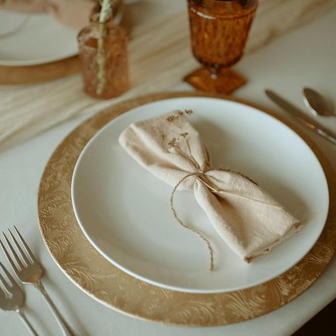 ZOOFOX 12 Pack Gold Charger Plates, 13" Plastic Round Antique Plate Chargers for Dinner Plates, Floral Charger Plates for Wedding Dinner Party Table Setting Decor