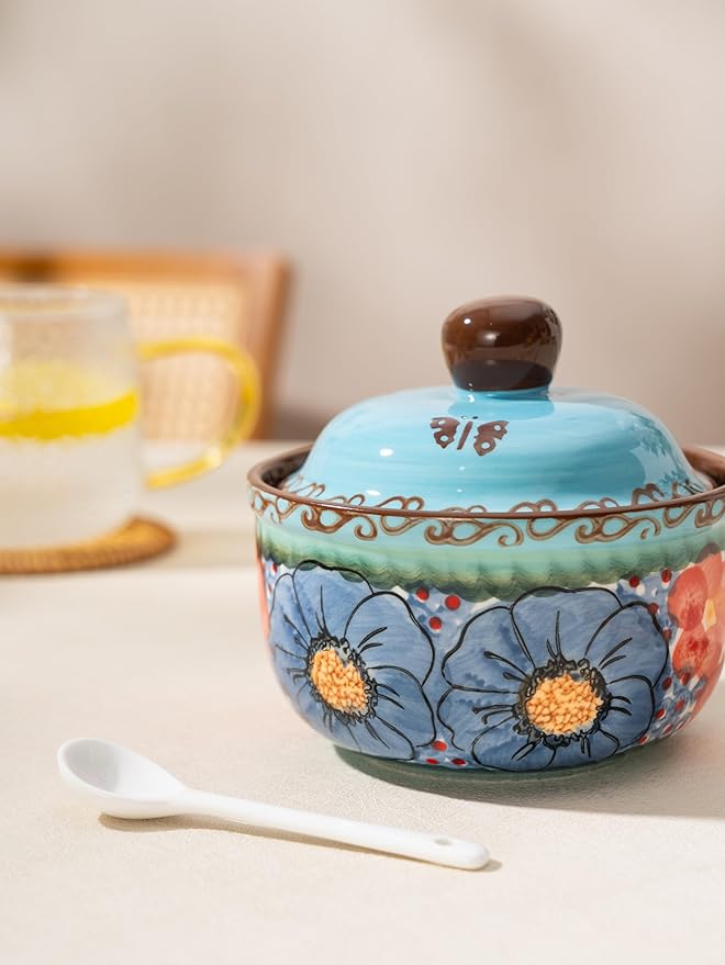 silesia Handmade Sugar Bowl with Lid and Spoon, 10 Ounce Ceramic Hand-Painted Sugar Jar for Kitchen in Gift Box, Kitchen Decor, Oven, Dishwasher & Microwave Safe, Glazed Blue