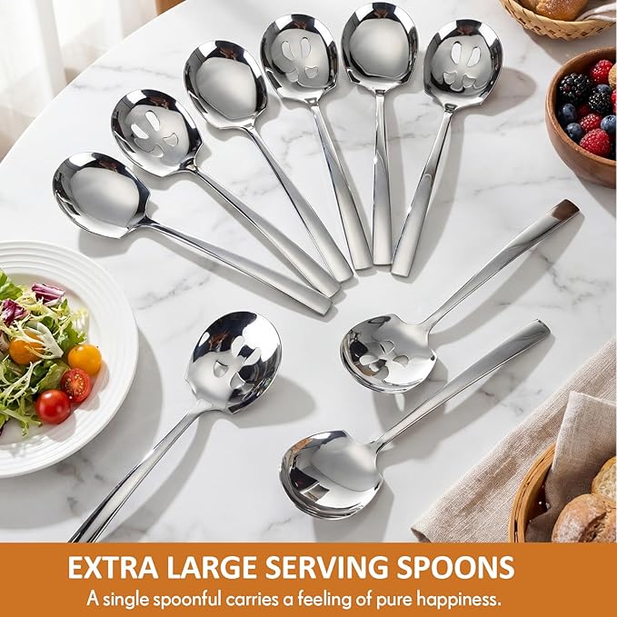 Hushee 24 Pcs Stainless Steel Serving Spoons Set 9.25" Include 12 Large Serving and 12 Large Slotted Spoons Buffet Silver Banquet Utensils for Kitchen Party Catering Dishwasher Safe