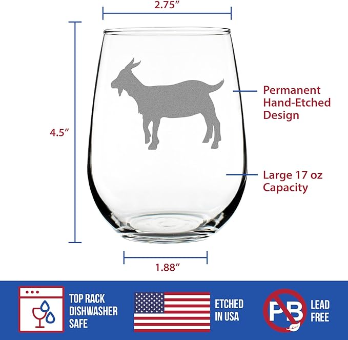 Custom Goat Personalized Stemless Wine Glass - Farm Animal Themed Decor and Gifts for Goat Lovers - Large 17 Oz - Customized Wine Glass Gift