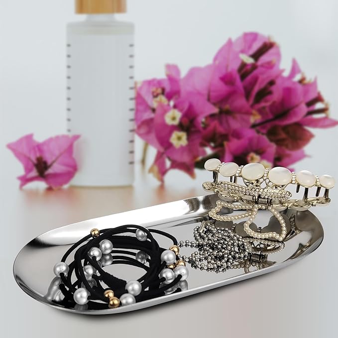 Elegant Stainless Steel Oval Decorative Tray: A Versatile 7 Inch Decorative Dish for Jewelry, Cosmetics, Fruit Tea,Towel and Bathroom Clutter Serving Delights in Gold Finish (2, Gold)