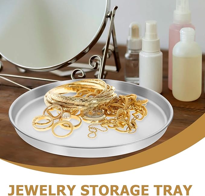 LOGOFUN 2 Pcs Stainless Steel Tray Metal Round Serving Tray Large Flat Storage Plate (Silver-30cm)
