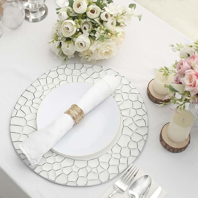 Efavormart 6 Pack | 13" Matte White Plastic Hammered Rim Dinner Charger Plates, Decorative Disposable Irregular Round Serving Plates