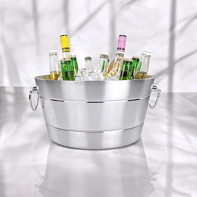 BREKX Stainless Steel Ice Bucket for Parties, Double Wall Insulated Anchored Brushed Drink Tub & Wine Bucket with Double Hinged Handles, Drink Chiller for Parties, 12QT (3 Gallon), 100% Leak Proof