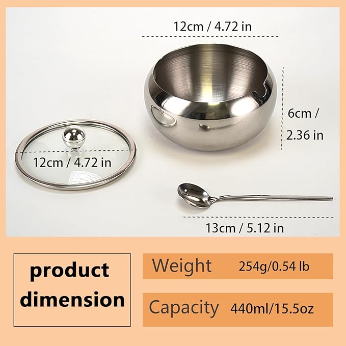 15OZ Sugar Bowl with Glass Lid and Spoon, Sugar Container of Coffee Bar Accessories, Stainless Steel Jar for Salt, Tea, Brown Sugar Cube, Dishwasher Safe, Kitchen Decor Countertop Storage, Silver