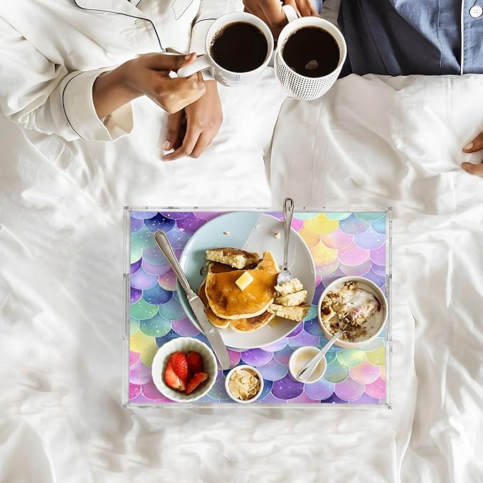 Serving Tray with Handles Clear Acrylic Tray 12x16 Inch Decorative Rectangular Tray Organizer for Ottoman Coffee Table Bathroom Watercolor Mermaid Scales Colors