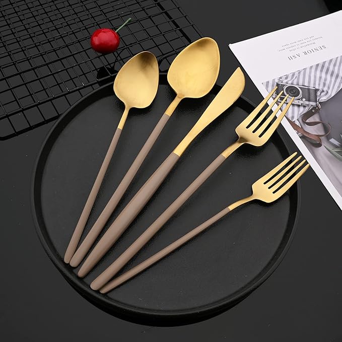 JASHII Slim Handle Silverware Set 20 Pieces, 304 Stainless Steel Colorful Flatware Set, Titanium Plating Cutlery Set, Utensil Sets for Home Dinner Service for 4, Dishwasher Safe - Brown&Gold