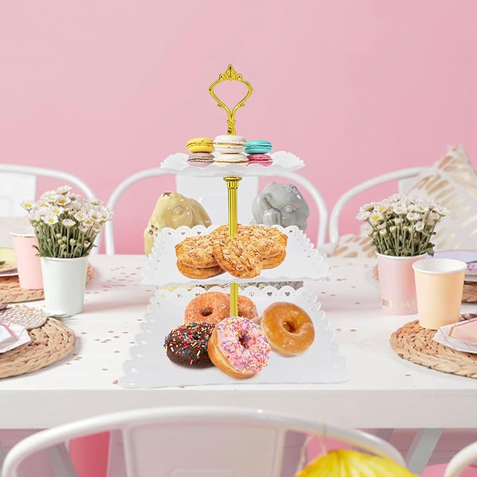 5 Pcs Cupcake Stand Set, Dessert Table Display Set with 2xSquare 3-Tier Cake Stands Holder + 3x Appetizer Trays Suitable for Birthday Wedding Tea Party Baby Shower (White, Lace Hole Square)
