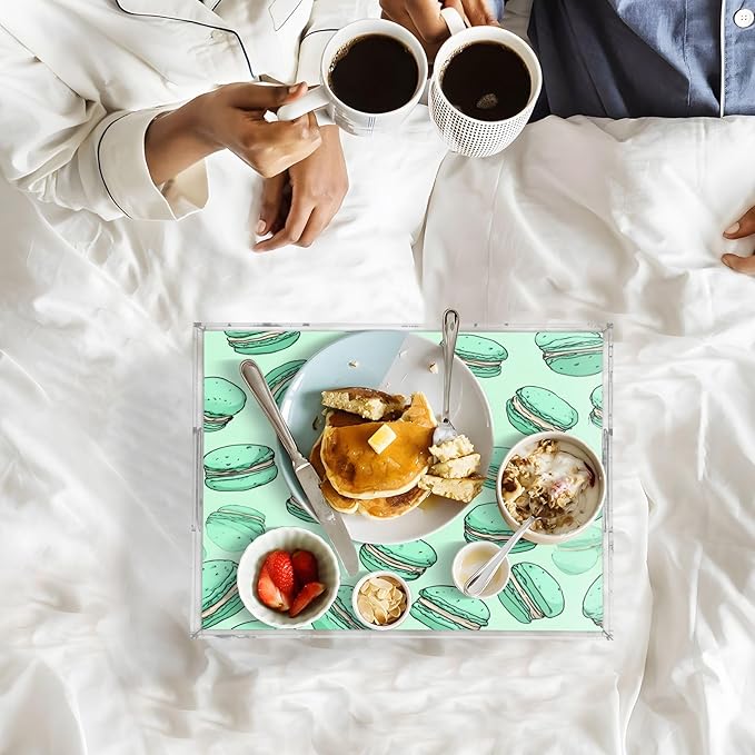 Serving Tray with Handles Clear Acrylic Tray 12x16 Inch Decorative Rectangular Tray Organizer for Ottoman Coffee Table Bathroom Mint Green Cute Macarons