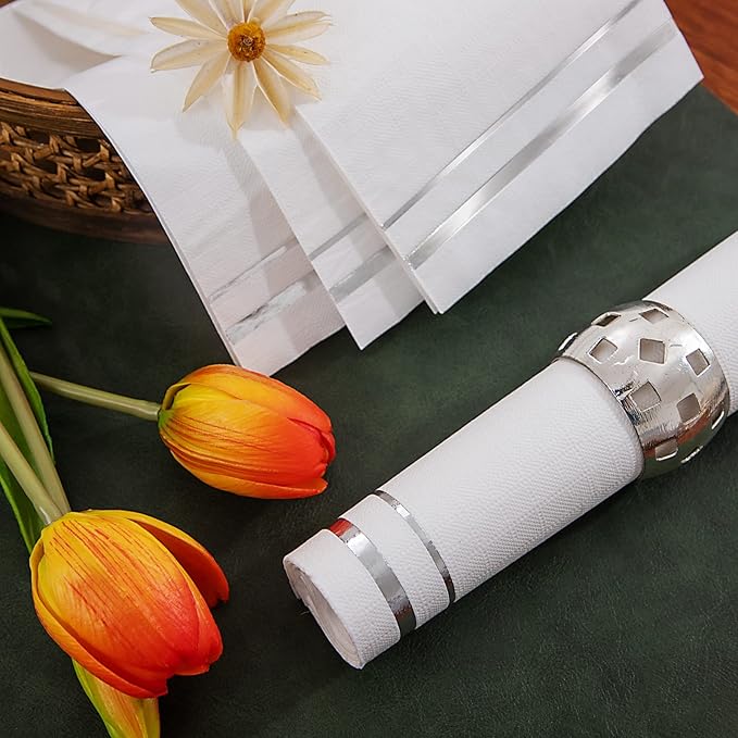 BUCLA 100-Count 3-Ply disposable Napkins - Silver Paper Napkins Disposable Premium Quality - Christmas Napkins/Dinner Napkins Disposable Soft, Absorbent for Kitchen, Parties, Weddings or Events