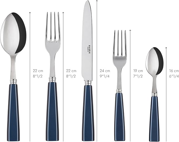 SABRE PARIS - 5-Piece Flatware Set - Icône Collection - Knife, Fork, Soup Spoon, Teaspoon & Dessert Fork - Stainless Steel & Acrylic - Dishwasher Safe - Midnight Blue