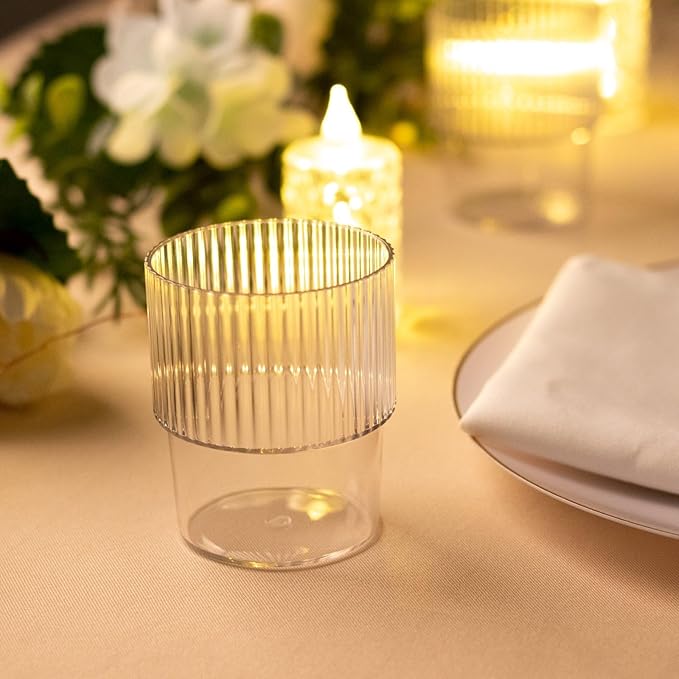TCF Linen 12 Pack Clear Plastic Tumblers, 7oz Stackable Ribbed Reusable Shatterproof Short Drinking Glasses, Elegant Origami Design for Weddings Parties Catering Cocktails