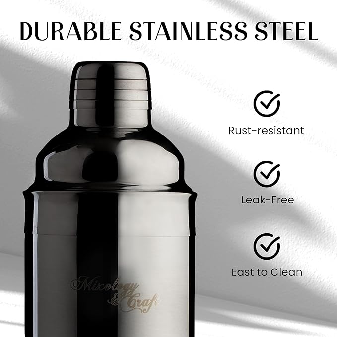 Mixology & Craft 11-Piece Cocktail Shaker Set with Wood Stand | Complete Cocktail Kit Gift Set | Top Bartender Gifts for Men & Women | Leak-Proof Tools (Gun-Metal Black)