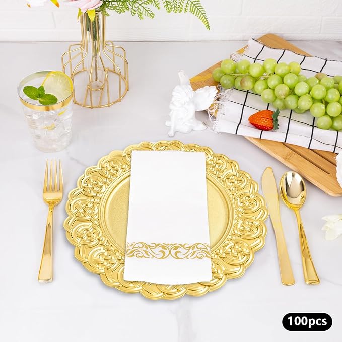 Gold Plastic Charger Plates Set of 100, 13” Reusable Party Chargers for Dinner Plates, Elegant Round Service Plate Chargers Bulk Decorative for Wedding, Catering Table Decor