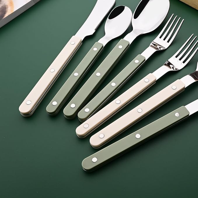 Beige Handle Silverware Set, Uniturcky 24-Piece Stainless Steel Flatware Set for 6, Tableware Eating Utensils for Daily Use and Party, Camping Cutlery Set with Color Handle
