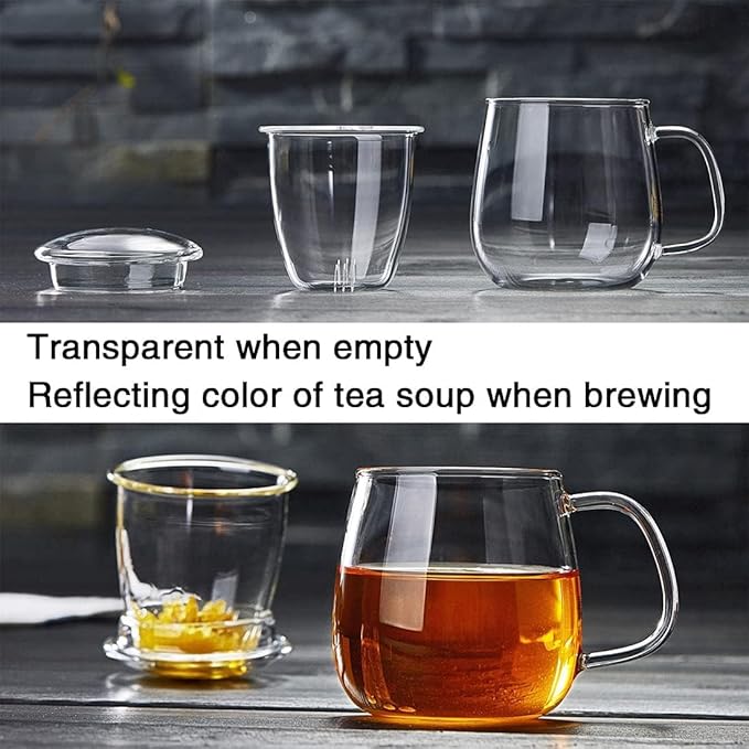 Glass Teacups 2 Pack Glass Tea Cup with Infuser and Lid, 17.6oz/520ml Large Borosilicate Teacup,Tea Clear Mug Cup for Loose Leaf Blooming Tea, Microwave & Dishwasher Safe.