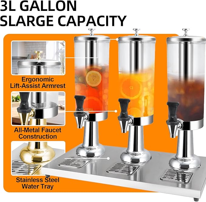 1 Gallon Commercial Beverage Dispenser with Centre Ice Core and Stand Drip Trays Stainless Steel Cold Drink Dispenser for Parties Pub Cafeteria Restaurant Home Hotel (silver, three head)
