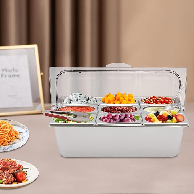 9 Pans Countertop Food Serving Display Container, Stainless Steel Flip-Top Fruit Tray with Clear Roll Top Cover, Buffet Chilled Condiment Container for Restaurant Hotel Kitchen