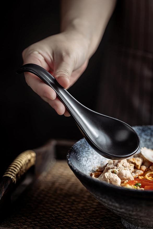 LYEOBOH Soup Spoons, Ceramic Soup Spoon Set of 6-6.5 inch Tablespoons, Dishwasher & Microwave Safe, Chinese Spoons with Deep Hook Design, Black