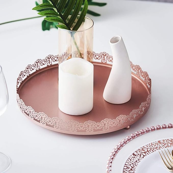 Plastic Round Premium Decorative Serving Tray with Embellished Rims - Rose Gold