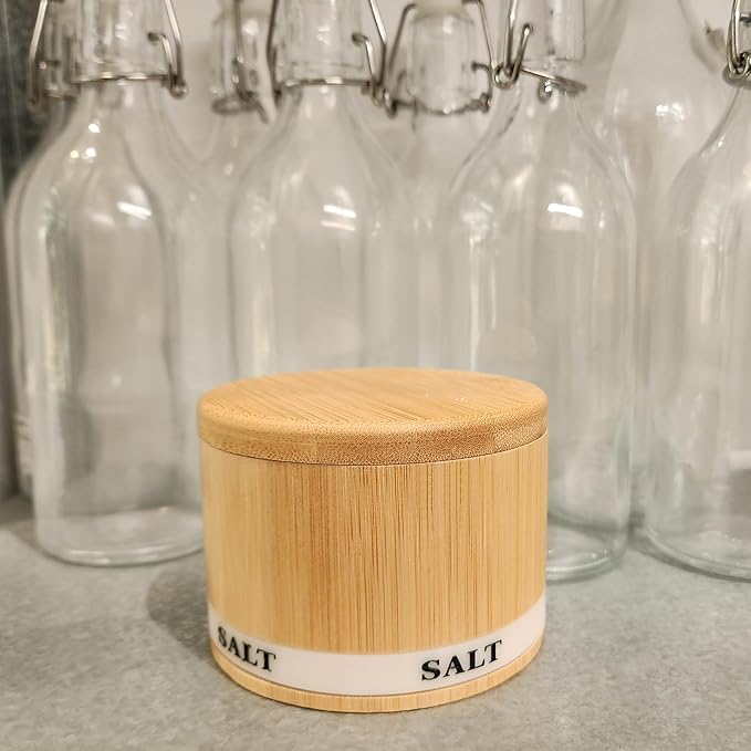 Salt Box Bamboo Salt Container with Swivel Lid and Spoon Small Spice Cellar with Label 8 oz Capacity salt Holder for Countertop with Magnetic to Easy Open and Seal