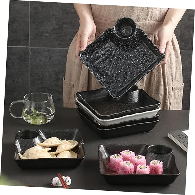 Japanese Ceramic Dumpling Dish with Sauce Grid Appetizer Plate for Dipping Sauce for Sushi and Condiments for Entertaining