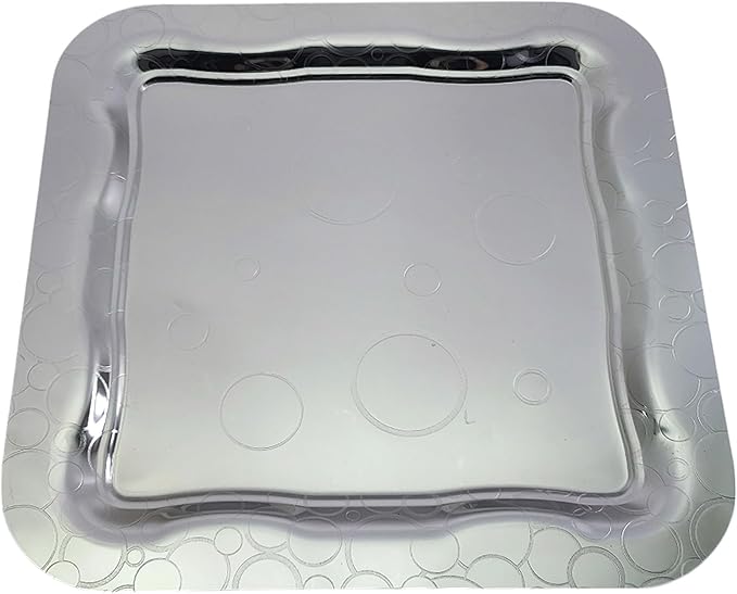 (Pack of 2) 13.4 inch x 13.4 inch Square Chrome Plated Silver Serving Tray Stylish Design Floral Line Bubble Engraved Edge Decorative Birthday Dessert Buffet Platter Plate NC-007