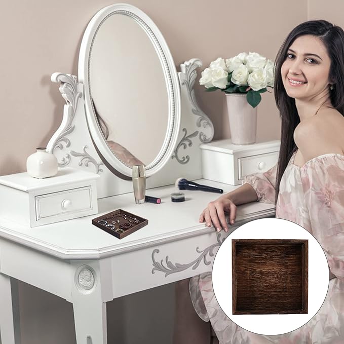 DOITOOL Wooden Jewelry Tray Set of Two Small Solid Wood Vanity Organizer Retro Jewelry Storage Holder for Desktop Decor