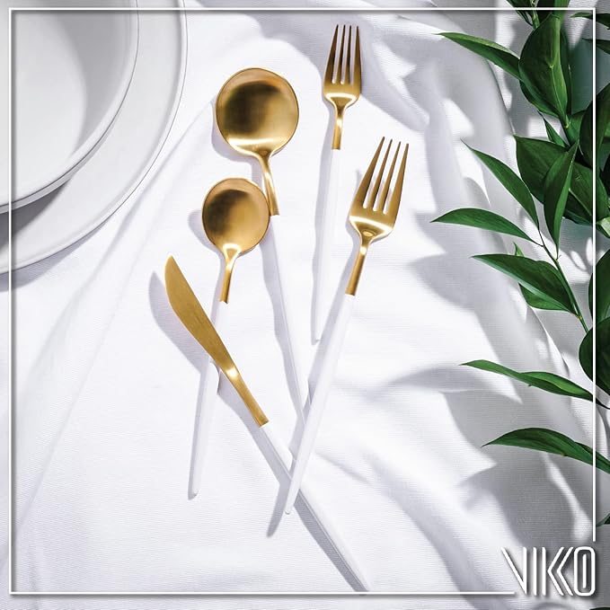 Vikko Decor Modern Flatware Set: Matte White and Gold Silverware Set, 18/10 Stainless Steel, Fancy Long Handled Cutlery, Two Toned Silverware for Upscale Dining, 20 Pc Set, Service for Four(4)