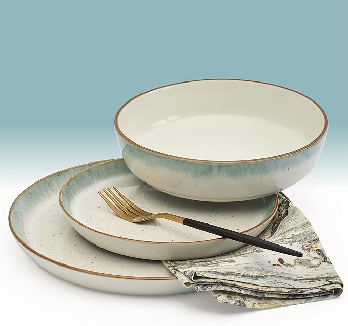 Tabletops Gallery Speckled Farmhouse Collection- Stoneware Dishes Service for 4 Dinner Salad Appetizer Dessert Plate Bowls, 12 Piece Hanover Dinnerware Set in Teal