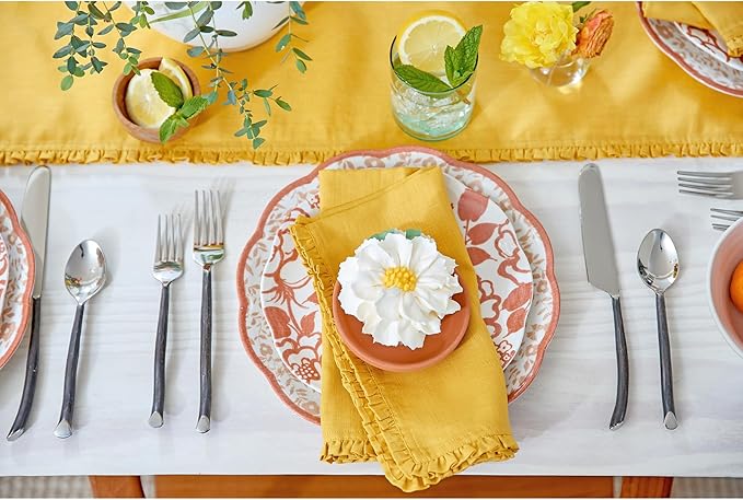 Solino Home Mustard Yellow Linen Dinner Napkins 20 x 20 Inch - 100% Pure Linen Juliette Ruffle Cloth Napkins Set of 4 - Handcrafted and Machine Washable