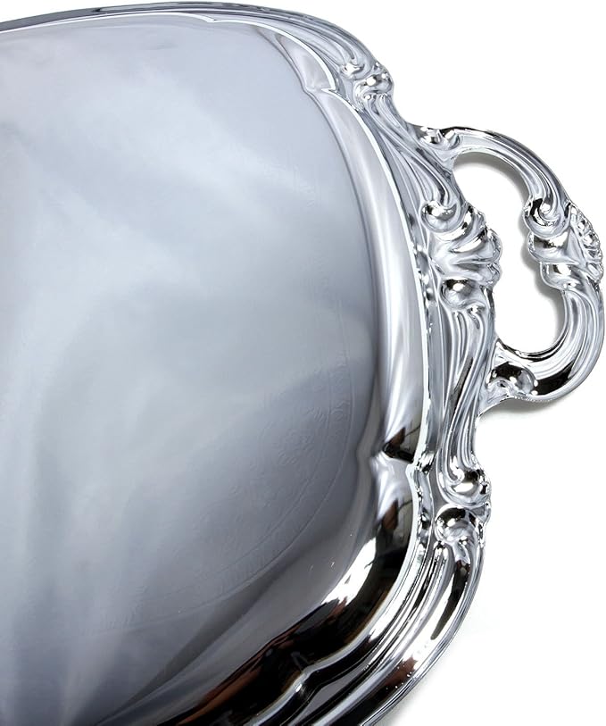 (Pack of 4) 21-Inch x 13.5-Inch Elegant Victoria Floral Engraved with Handle Serving Tray Silver Metal Plate Platter Food Decorative Buffet Wedding Party T166-4PK