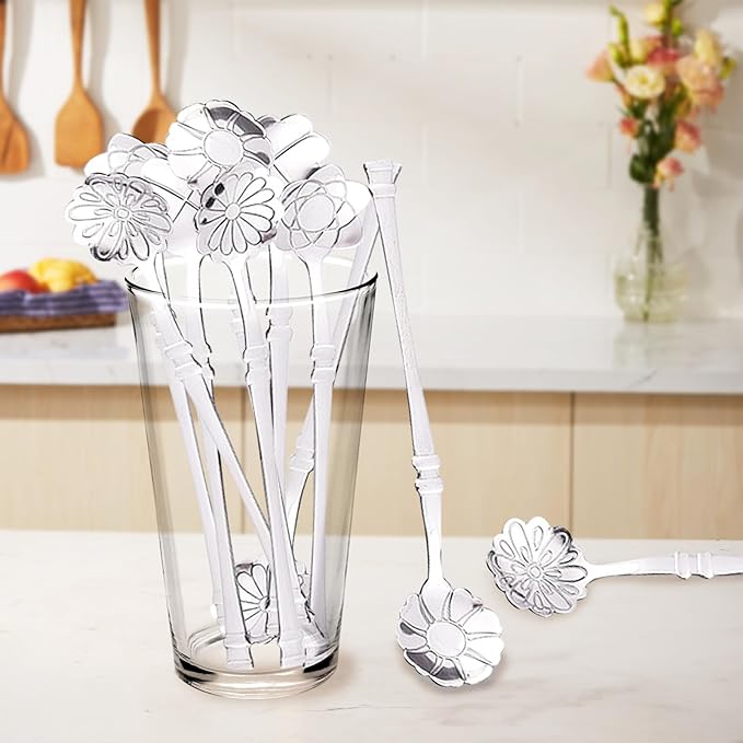10 Pcs Flower Spoon Coffee Teaspoon Set, Stainless Steel Tableware Creative Dessert Spoons Sugar Coffee Teaspoon Ice-Cream Mixing Stir Bar Ice Tea Spoon (Silver)