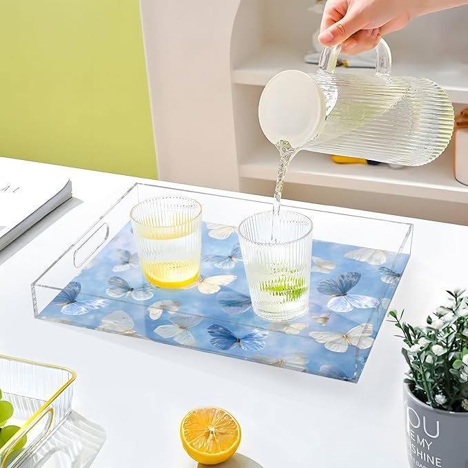 Serving Tray with Handles Clear Acrylic Tray 12x16 Inch Decorative Rectangular Tray Organizer for Ottoman Coffee Table Bathroom Sky Blue and White Butterflies