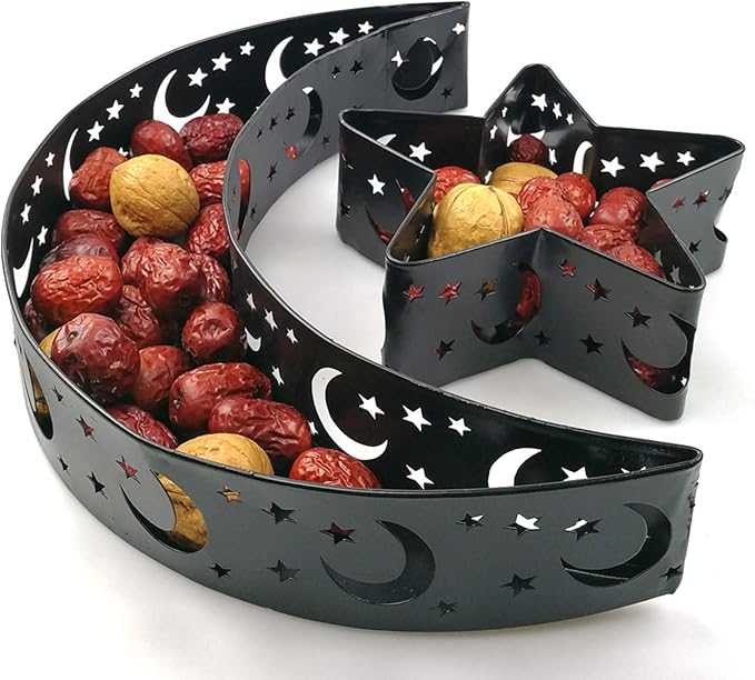 Eid Mubarak Moon Star Tray, Ramadan Decoration Ramadan Trays, Muslim Wooden Plate Tray Moon Star Shaped Food Fruit Serving Tray, Eid Mubarak Dessert Tray for Ramadan Festival Party(Golden A1)