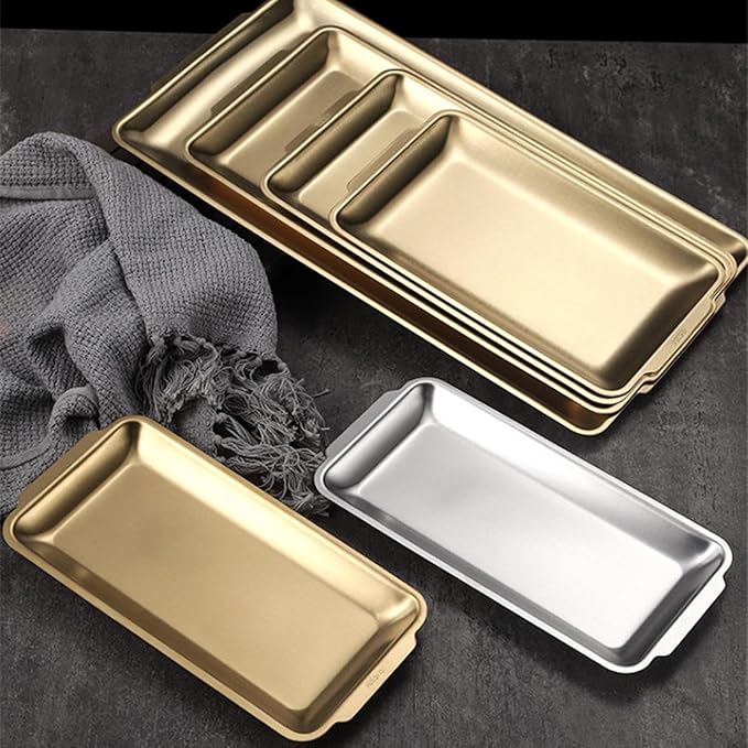Stainless Steel Rectangle Serving Tray, BBQ Sushi Flat Dish Bread Pastry Baking Pan for Home Parties Living Room Restaurant Table,Silver,22 * 11cm