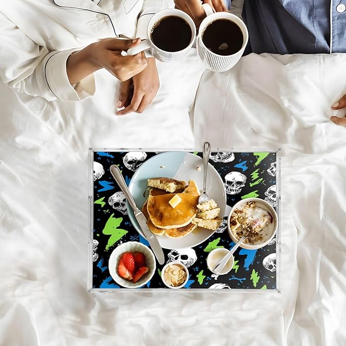 Serving Tray with Handles Clear Acrylic Tray 12x16 Inch Decorative Rectangular Tray Organizer for Ottoman Coffee Table Bathroom Skull Lightning Colorful