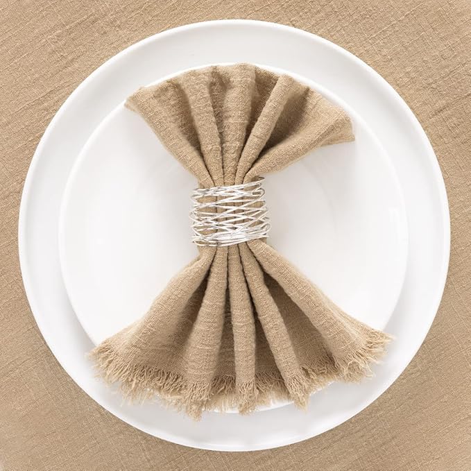 Socomi Set of 12 Linen Napkins Caramel Easter Spring Cloth Napkins Washable Fringe 17"x17" for Wedding Party Bridal Baby Shower Birthday Table Decorations