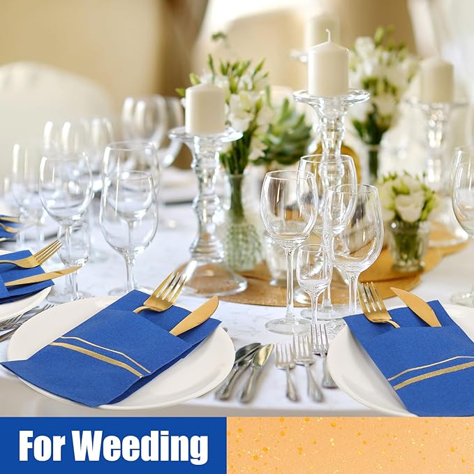 Roshtia 100 Pack Dinner Napkins Disposable Linen Feel Dinner Napkins with Built-in Flatware Pocket Gold Trim Lined Pre Folded Paper for Wedding Party (Royal Blue,Gold)