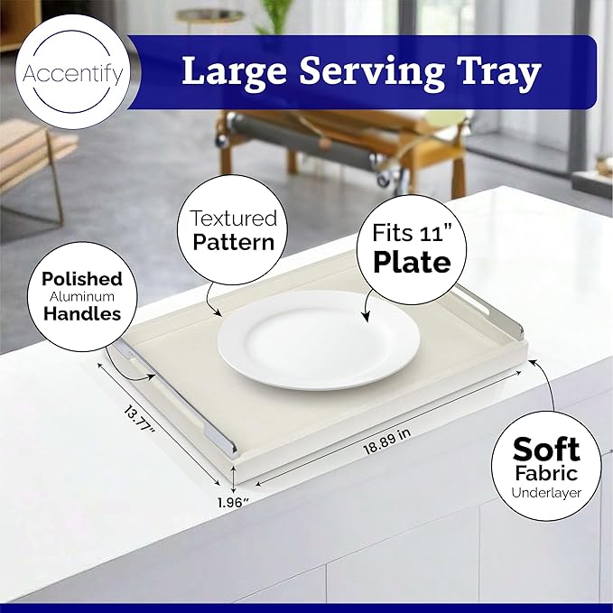Large Serving Tray 18 by 14 Inch, Luxury Faux Shagreen Leather Ottoman Tray with Metal Handle, Waterproof and Sturdy Tray for Coffee Table, Makeup, Vanity, Organizer, Decorative Tray, Ivory