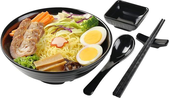 4 Noodle Bowls Set - large 32oz Ramen Bowl Set for authentic Asian Cuisine - with Dipping Bowls, Spoons, Chopsticks & Chopstick Stands. Enjoy Thai Miso Udon Wonton (4 Bowl Set, Black)