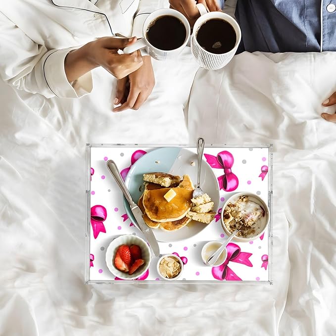 Spill Proof Acrylic Serving Tray, Countertop Organizer 16x12 Inch with Handles for Breakfast, Living Rooms, Coffee, Juice, Kitchen and Desk, (Rosy Bows and Silver Polka Dots)