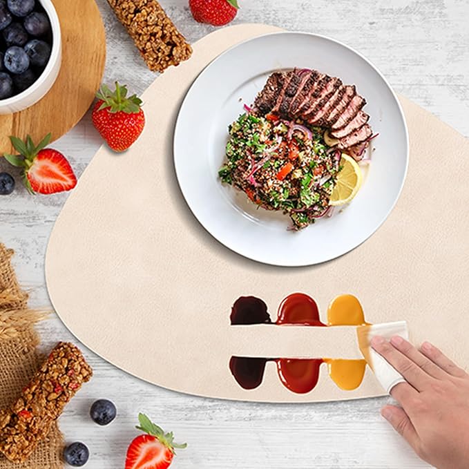 ADRIMER Placemats, Heat Resistant Round Placemats Set of 4 Washable 13 x 17 Inch, Waterproof Table Mats Wipeable for Kitchen, Dining Room Table Christmas Decor, Beige