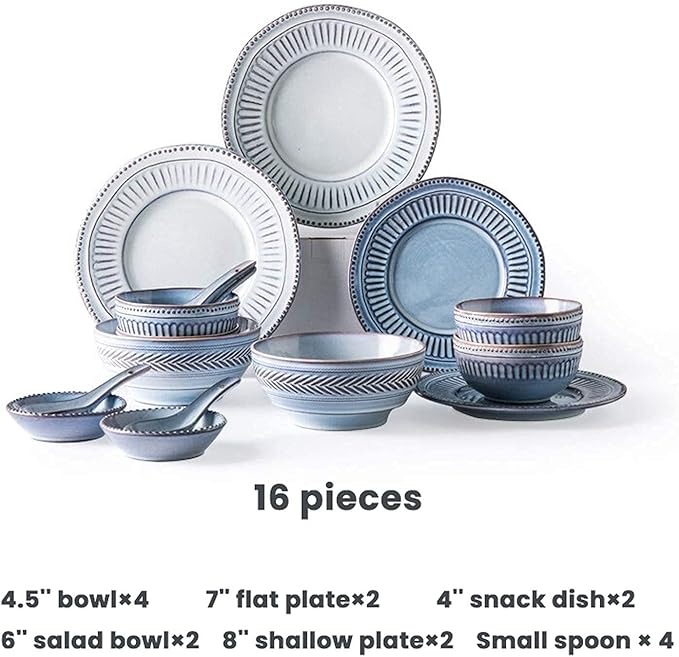 Dinner Set,Ceramics Dinner Sets, 16 Pieces Relief Craft Porcelain Dinnerware Set Retro Blue and White Cereal Bowl Steak Plate and Soup Bowl for Special Restaurant