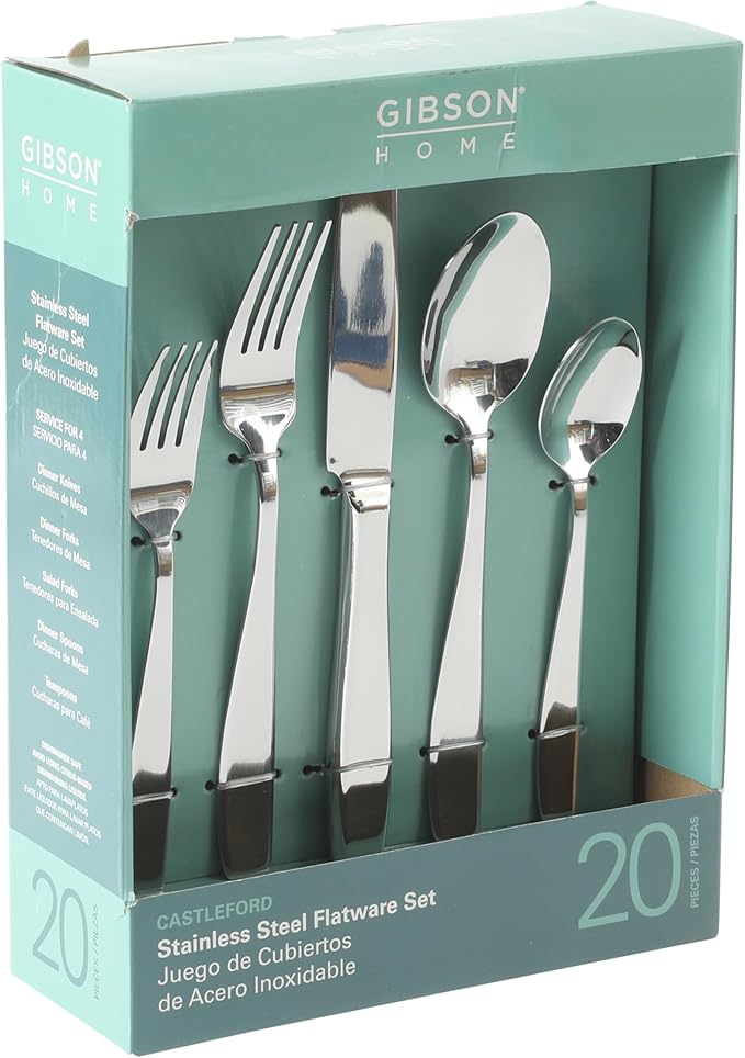 Gibson Home Castleford Flatware Utsensil Set, 20-Piece Stainless Steel Silverware Service for 4 – Modern Polished Finish