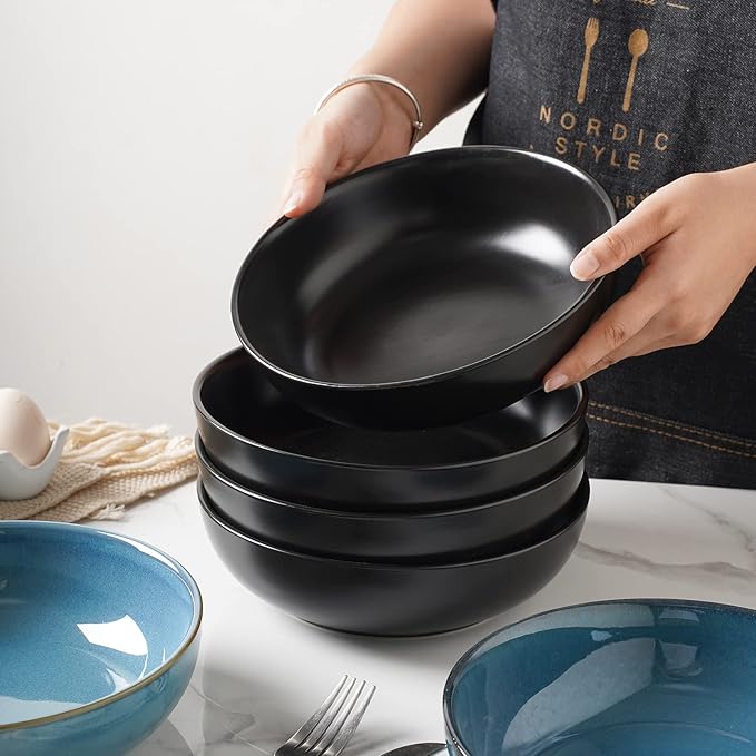 Selamica Ceramic Pasta Bowls 50 OZ, Large Salad Bowls, 8.6 Inch Ceramic Bowls Set for Soup, Cereal, Ramen, Stackable Serving Bowls, Microwave Dishwasher Safe, Matte Black